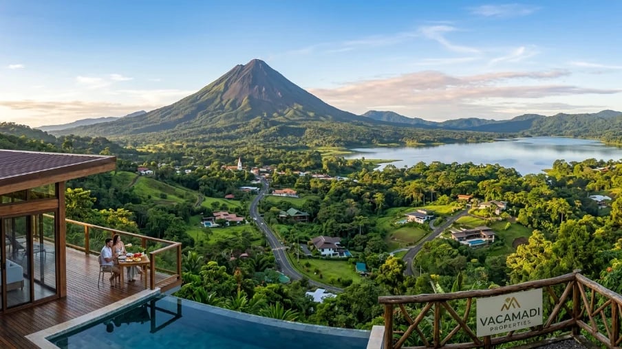 Aerial view from a luxury terrace overlooking a cone-shaped volcano, lush green valley, and blue lake surrounded by forest