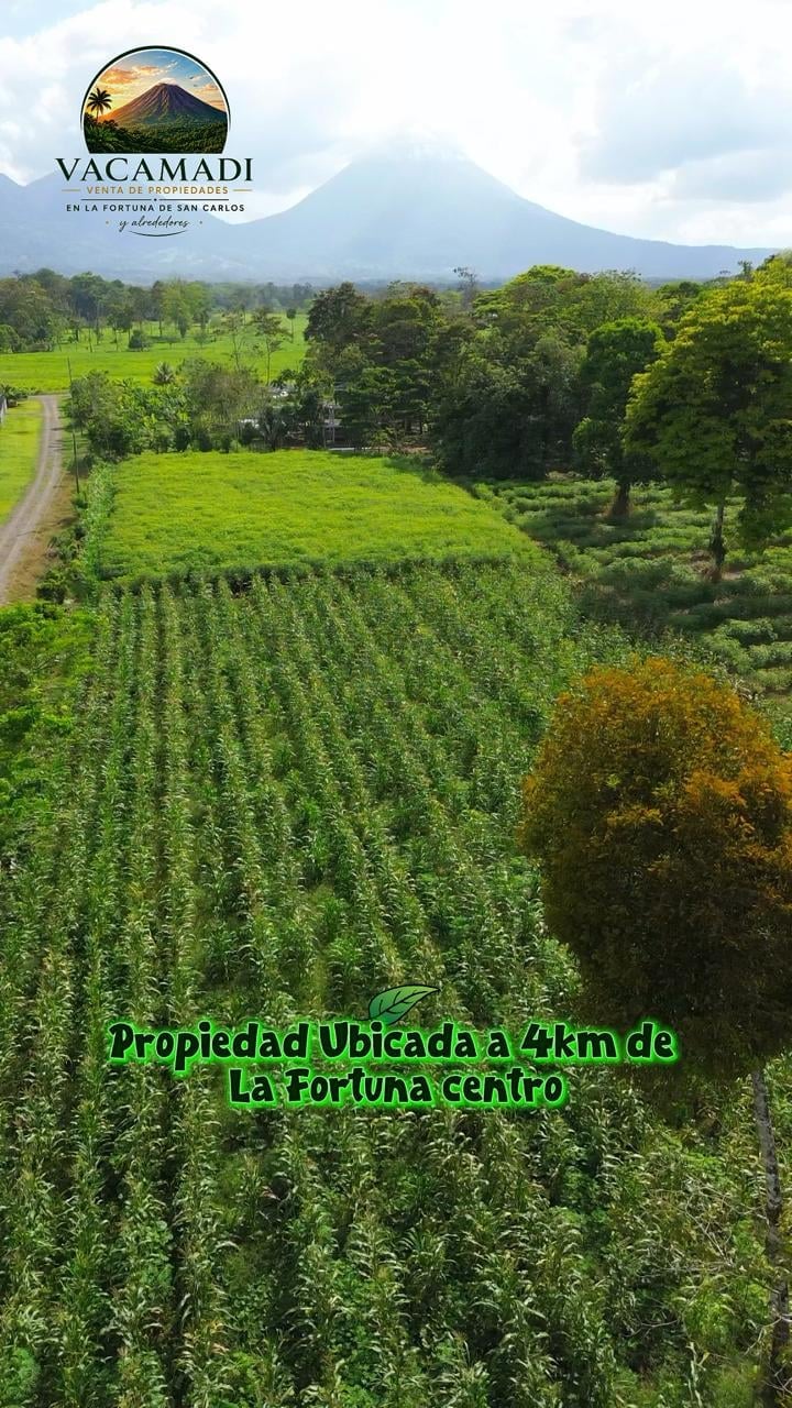 Agricultural property in lush green valley with volcano in background, La Fortuna Costa Rica, VACAMADI logo